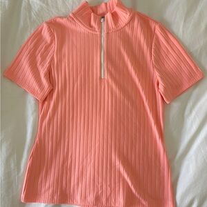 Zella Fairway Zip Rib Top, Short-Sleeve Mock Neck Top - Pink Blast